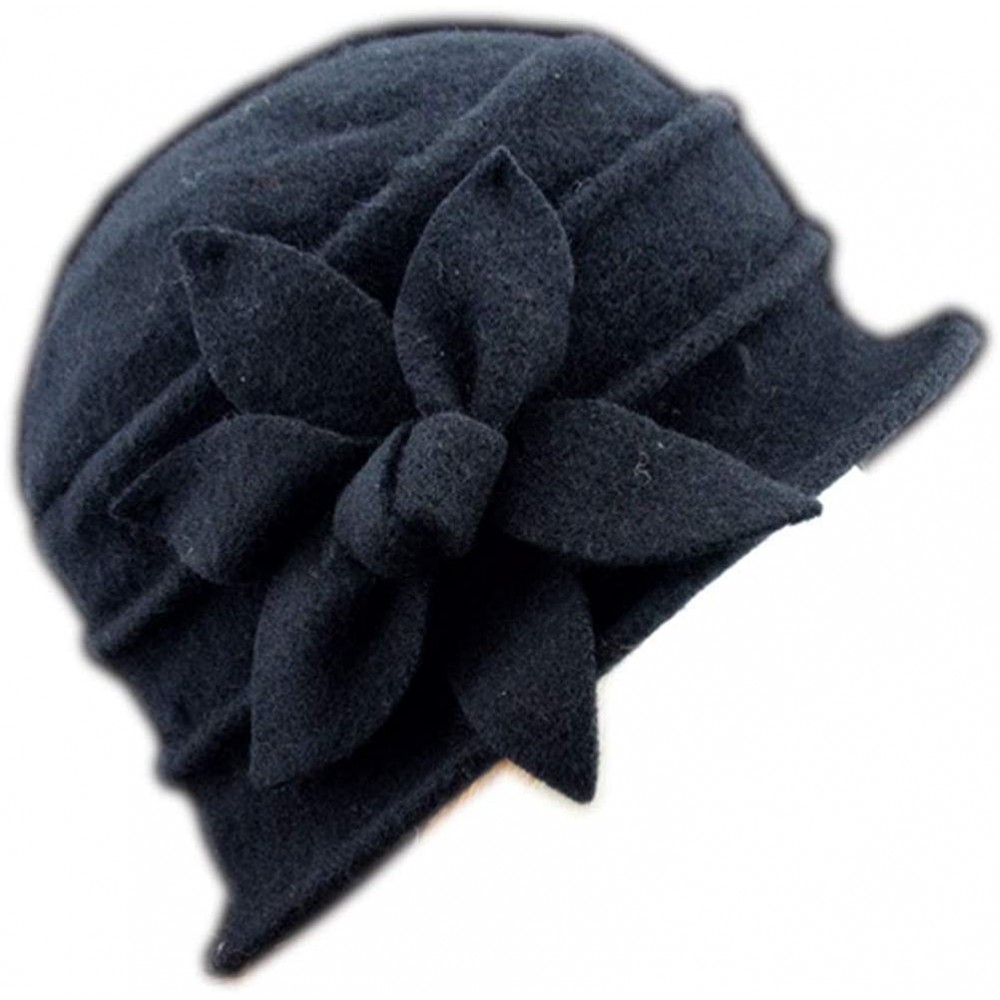 Bucket Hats Flower 100% Wool Dome Bucket Hat Winter Cloche Hat Fedoras Derby Hat - Black - CJ188U6HUQS $15.05