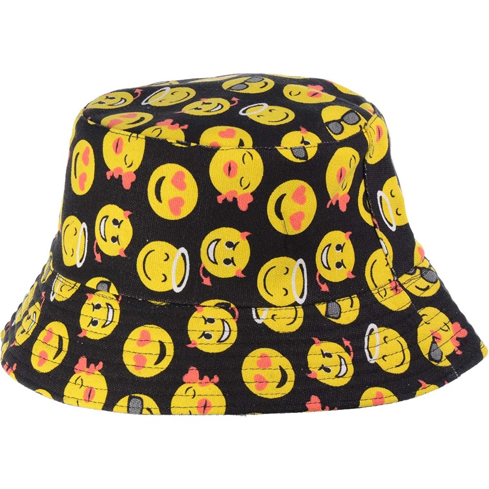 Bucket Hats Packable Reversible Black Printed Fisherman Bucket Sun Hat- Many Patterns - Small Emoji - CP18ARQWO5C $14.93