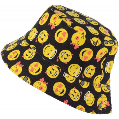 Bucket Hats Packable Reversible Black Printed Fisherman Bucket Sun Hat- Many Patterns - Small Emoji - CP18ARQWO5C $14.93