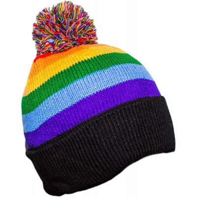 Skullies & Beanies Classic Rainbow Glove & Ski Beanie Gift Set- Colorful Stripe Fitted Winter Knit Cap - Pompom Beanie - C519...
