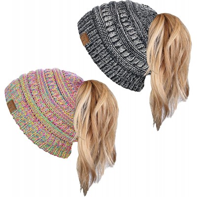 Skullies & Beanies Women's Beanie Ponytail Messy Bun BeanieTail Multi Color Ribbed Hat Cap - CS18HUC7M78 $31.19