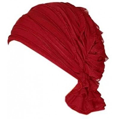 Skullies & Beanies Stay Beautiful Women Chiffon Ruffle Cancer Chemo Hat - Head Stretch Hair Loss Beanie Turban Cap - Red - CX...