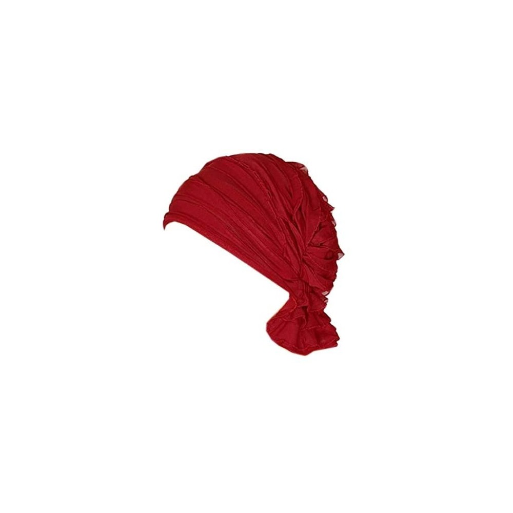 Skullies & Beanies Stay Beautiful Women Chiffon Ruffle Cancer Chemo Hat - Head Stretch Hair Loss Beanie Turban Cap - Red - CX...