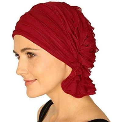 Skullies & Beanies Stay Beautiful Women Chiffon Ruffle Cancer Chemo Hat - Head Stretch Hair Loss Beanie Turban Cap - Red - CX...