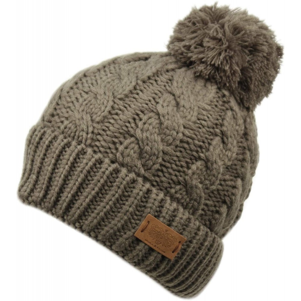 Skullies & Beanies Winter Oversized Cable Knitted Pom Pom Beanie Hat with Fleece Lining. - Olive - CM18L9TR64E $15.22