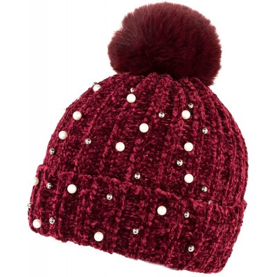 Skullies & Beanies Warm Winter Extra Soft Chenille Knit Pearl Silver Stud Beanie Toboggan Hat with Fur Pom for Women - Cranbe...