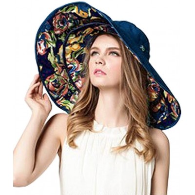 Bucket Hats Women Large Wide Brim 2in1 Floppy Travel Beach Sun Visor Bucket UPF 50+ Hat Cap - Navy Blue- Flowers - CF12HXPYQN...