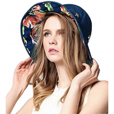 Bucket Hats Women Large Wide Brim 2in1 Floppy Travel Beach Sun Visor Bucket UPF 50+ Hat Cap - Navy Blue- Flowers - CF12HXPYQN...