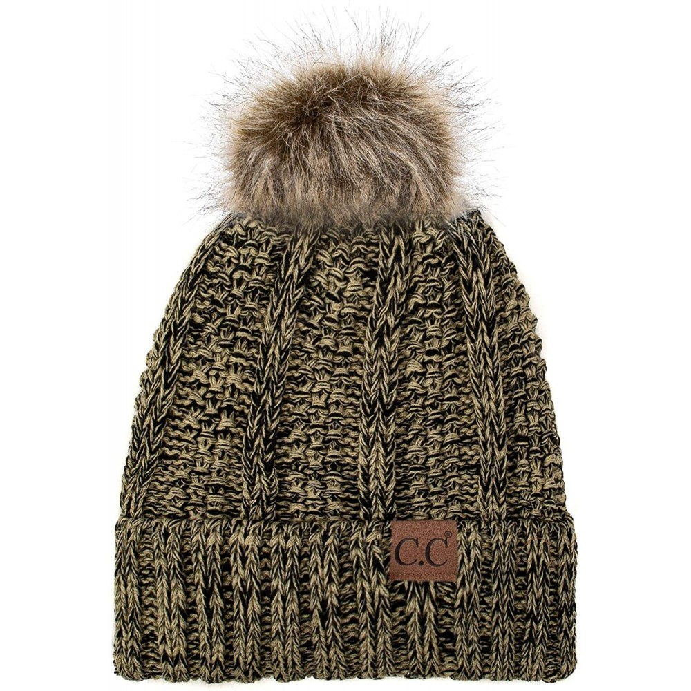 Skullies & Beanies Exclusives Fuzzy Lined Knit Fur Pom Beanie Hat (YJ-820) - 22 Black Beige Mix - CU192AGZ4YY $15.89