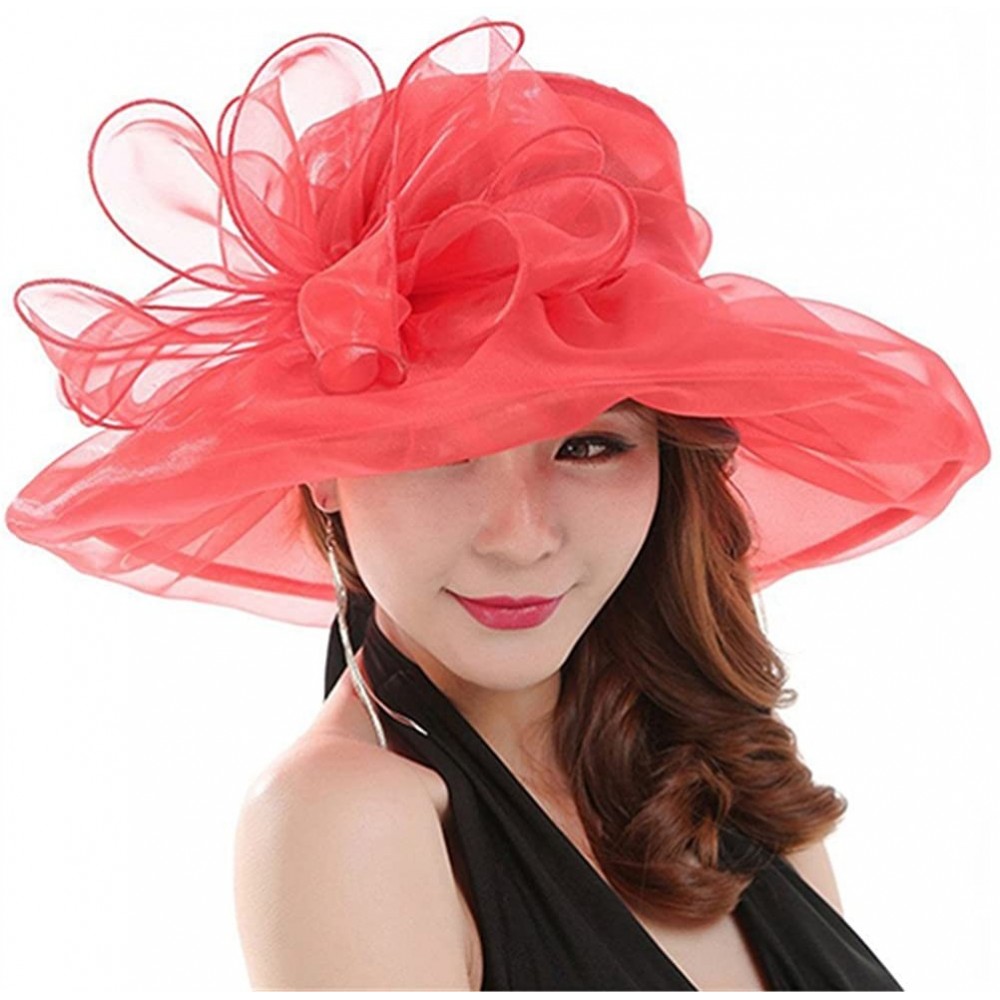 Sun Hats Women's Organza Summer Sun Hat Bridal Cap Beach Church Ascot Race Derby Hat Cocktail Party Wedding Cap - Red - CR183...