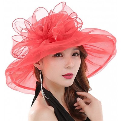 Sun Hats Women's Organza Summer Sun Hat Bridal Cap Beach Church Ascot Race Derby Hat Cocktail Party Wedding Cap - Red - CR183...