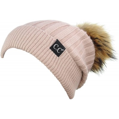 Skullies & Beanies Angora Knit Natural Fox Fur Pom Cuff Beanie Hat w/Black Label - Dusty Rose - C112NESR6MZ $57.72