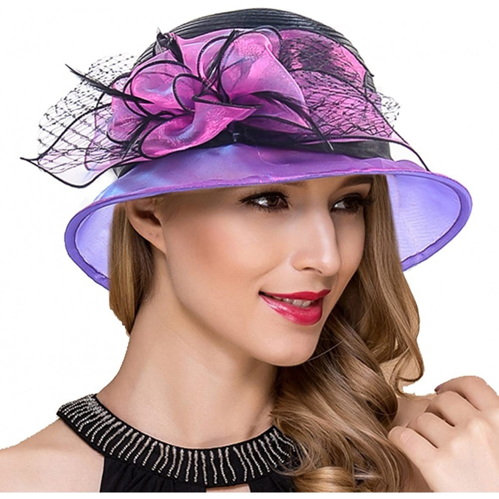 Bucket Hats Lady Church Derby Dress Cloche Hat Fascinator Floral Tea Party Wedding Bucket Hat S051 - S606-purple - CP18EYIHXW...