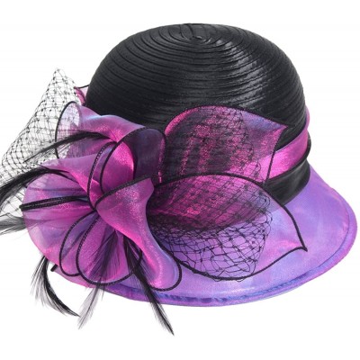 Bucket Hats Lady Church Derby Dress Cloche Hat Fascinator Floral Tea Party Wedding Bucket Hat S051 - S606-purple - CP18EYIHXW...