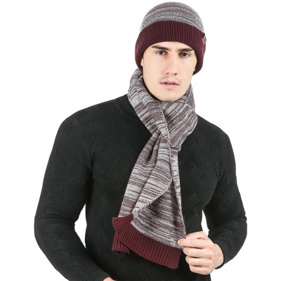 Skullies & Beanies Men's Winter Warm Knit Beanie Hat Scarf Set Skull Cap with Long Scarf for Men - Wine - CG18XU0Z63L $15.07