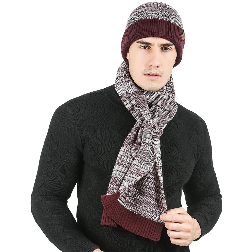 Skullies & Beanies Men's Winter Warm Knit Beanie Hat Scarf Set Skull Cap with Long Scarf for Men - Wine - CG18XU0Z63L $15.07