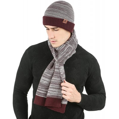 Skullies & Beanies Men's Winter Warm Knit Beanie Hat Scarf Set Skull Cap with Long Scarf for Men - Wine - CG18XU0Z63L $15.07