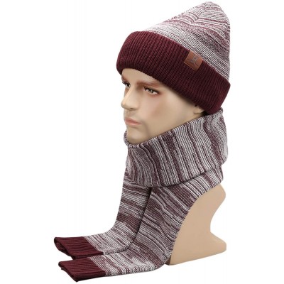 Skullies & Beanies Men's Winter Warm Knit Beanie Hat Scarf Set Skull Cap with Long Scarf for Men - Wine - CG18XU0Z63L $15.07