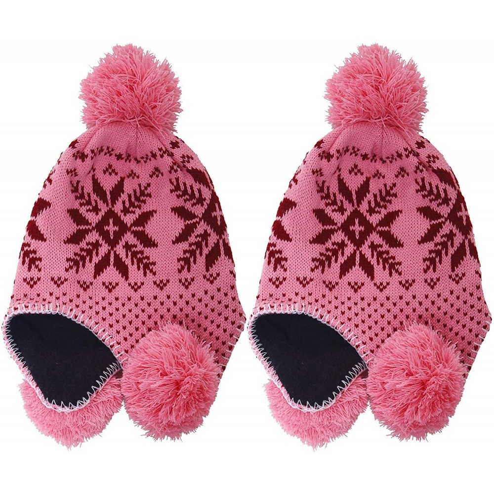 Skullies & Beanies Women's Knit Winter Beanie w/Earflap and Pom Balls - 2pcs_pink Maple Leaf - CY18MG76ERR $14.91