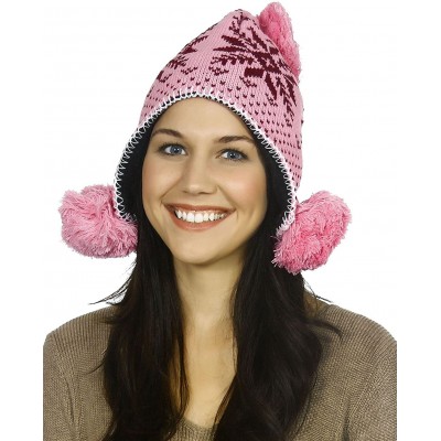 Skullies & Beanies Women's Knit Winter Beanie w/Earflap and Pom Balls - 2pcs_pink Maple Leaf - CY18MG76ERR $14.91