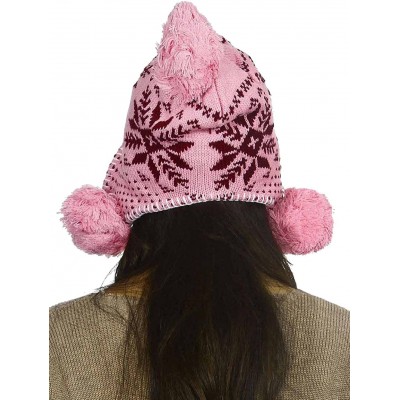 Skullies & Beanies Women's Knit Winter Beanie w/Earflap and Pom Balls - 2pcs_pink Maple Leaf - CY18MG76ERR $14.91