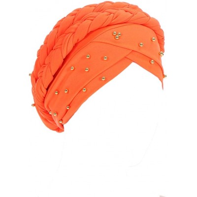 Skullies & Beanies Women Braid Head Wrap Long Hair Scarf Turban Pre-tie Headwear Chemo Hats - Orange - CV18WE7KX06 $26.80
