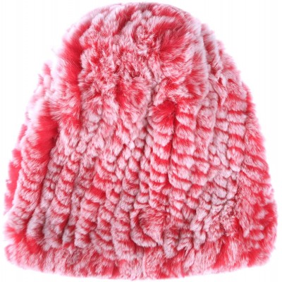 Skullies & Beanies Real Rex Rabbit Fur Hat- Knitted Warm Beanie Cap with Fox Fur Pompom Ball - Pony Tail Hole (Pink & White) ...