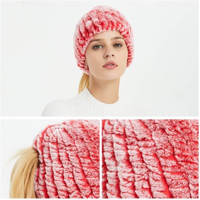 Skullies & Beanies Real Rex Rabbit Fur Hat- Knitted Warm Beanie Cap with Fox Fur Pompom Ball - Pony Tail Hole (Pink & White) ...