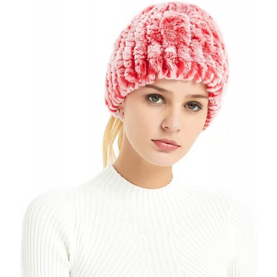 Skullies & Beanies Real Rex Rabbit Fur Hat- Knitted Warm Beanie Cap with Fox Fur Pompom Ball - Pony Tail Hole (Pink & White) ...
