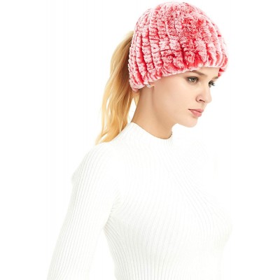 Skullies & Beanies Real Rex Rabbit Fur Hat- Knitted Warm Beanie Cap with Fox Fur Pompom Ball - Pony Tail Hole (Pink & White) ...