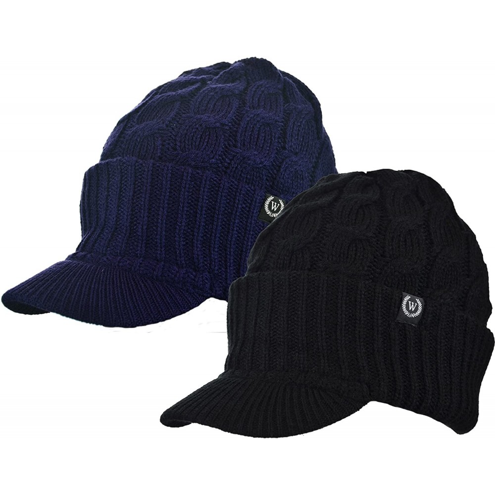 Skullies & Beanies Winter Newsboy Cable Knitted Visor Beanie Bill Winter Warm Hat - Black & Navy - CE129OCXARF $12.35