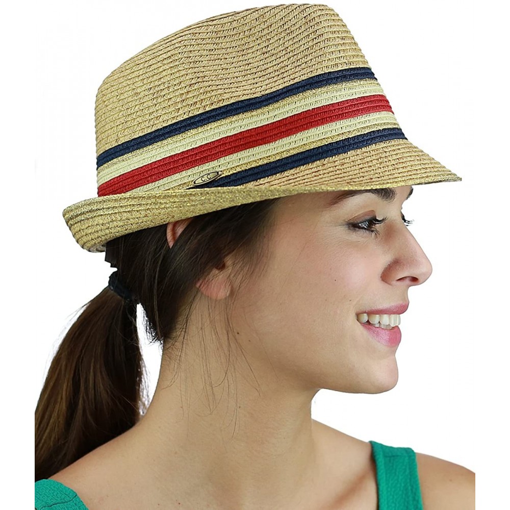 Fedoras Unisex Spring Summer Multicolored Metallic Gold Weaved Trilby Fedora Hat - Navy - C117YSN8AW3 $8.06