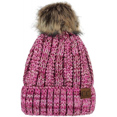 Skullies & Beanies Thick Cable Knit Faux Fuzzy Fur Pom Fleece Lined Skull Cap Cuff Beanie - 3 Tone Pink - C418LUDU4N0 $18.51