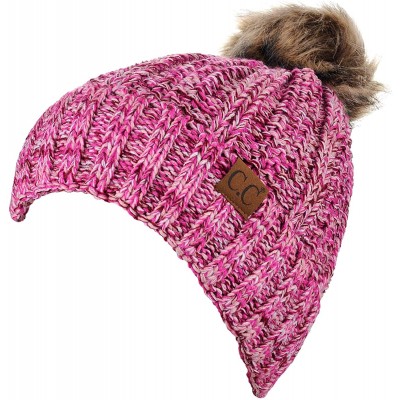 Skullies & Beanies Thick Cable Knit Faux Fuzzy Fur Pom Fleece Lined Skull Cap Cuff Beanie - 3 Tone Pink - C418LUDU4N0 $18.51