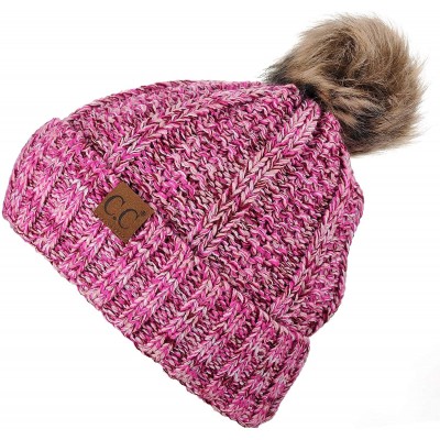 Skullies & Beanies Thick Cable Knit Faux Fuzzy Fur Pom Fleece Lined Skull Cap Cuff Beanie - 3 Tone Pink - C418LUDU4N0 $18.51