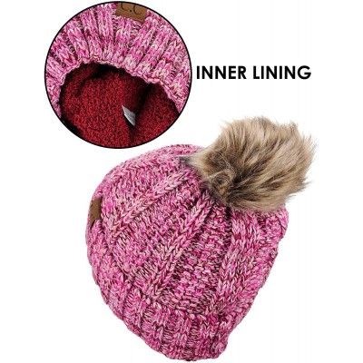 Skullies & Beanies Thick Cable Knit Faux Fuzzy Fur Pom Fleece Lined Skull Cap Cuff Beanie - 3 Tone Pink - C418LUDU4N0 $18.51