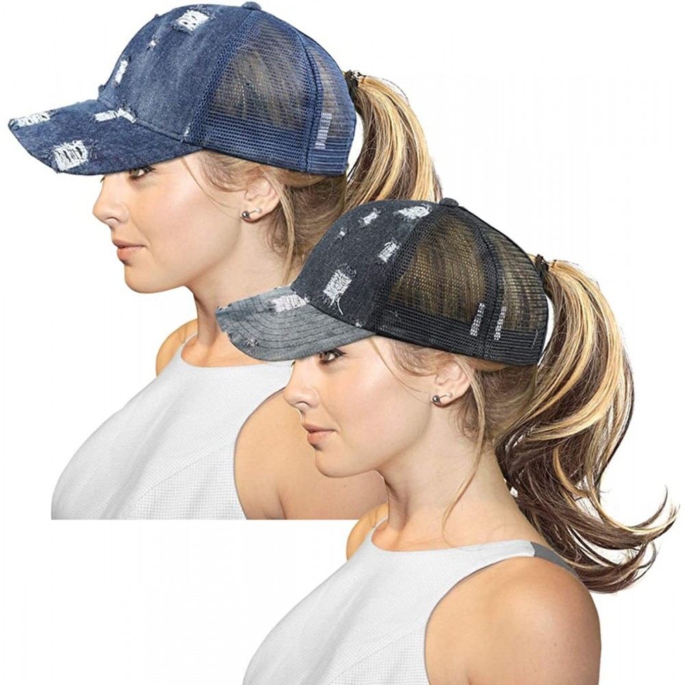 Baseball Caps Distressed Ponytail Baseball Ponycaps Adjustable - Z -Denim 2packs Black & Blue - CX18UA6XLIM $16.76