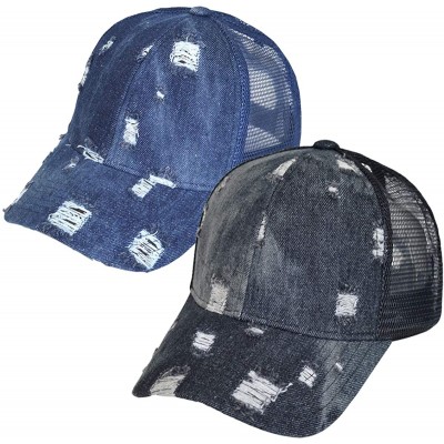 Baseball Caps Distressed Ponytail Baseball Ponycaps Adjustable - Z -Denim 2packs Black & Blue - CX18UA6XLIM $16.76
