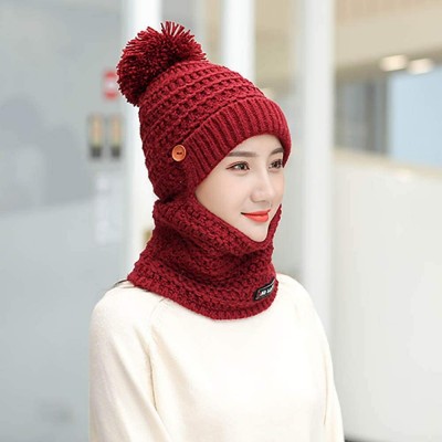Skullies & Beanies Adult Women Men Winter Hairball Earmuffs Knit Hat Scarf Warm Cap - Red - CG18KA46DS9 $10.67