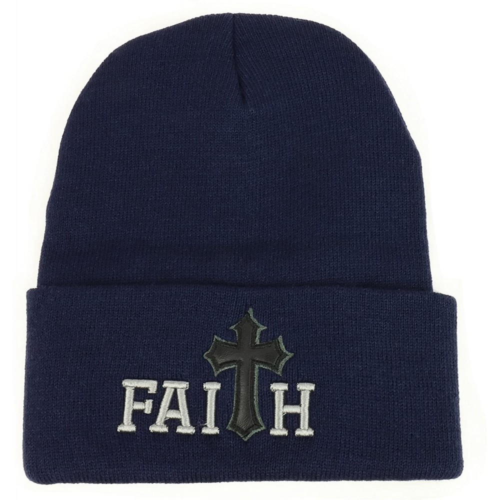 Skullies & Beanies Faith Cross Embroidered Winter Long Cuff Beanie - Navy - C4189KY3OL3 $13.26