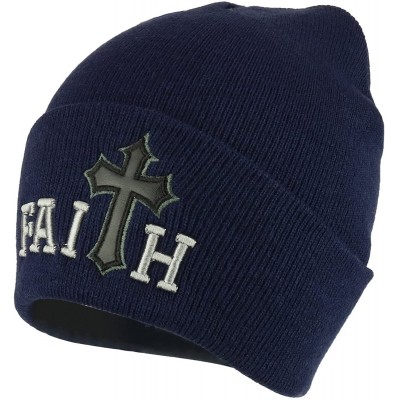 Skullies & Beanies Faith Cross Embroidered Winter Long Cuff Beanie - Navy - C4189KY3OL3 $13.26