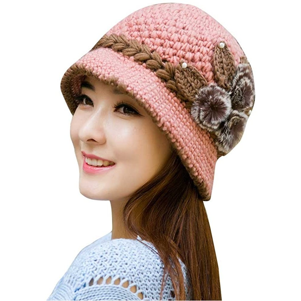 Bomber Hats Women Color Winter Hat Crochet Knitted Flowers Decorated Ears Cap with Visor - Pink - CP18LH4RLXA $18.44