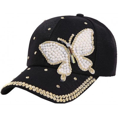 Baseball Caps Women's Bling Rhinestone Butterfly Baseball Cap Adjustable Hip Hop Hat - Black - CP18GEUSRMO $9.47