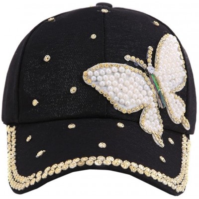 Baseball Caps Women's Bling Rhinestone Butterfly Baseball Cap Adjustable Hip Hop Hat - Black - CP18GEUSRMO $9.47