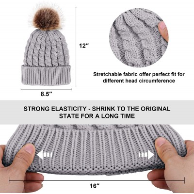 Skullies & Beanies Winter Rib-Knit Beanie Chunky Baggy Hat for Women Snow Cable Knit Skull Ski Cap with Faux Fur Pompom - Gre...