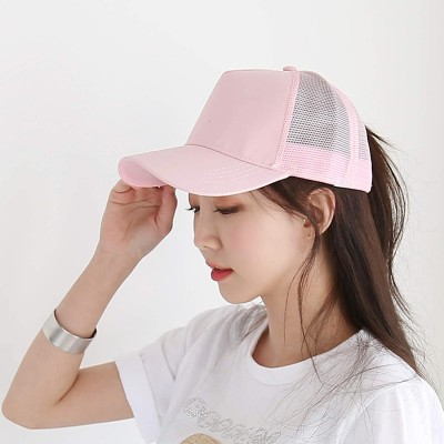 Baseball Caps Ponytail High Bun Hat Mesh Trucker Cotton Solid Baseball Cap PZ10042 - Pink - CS18TXRA0D6 $16.23