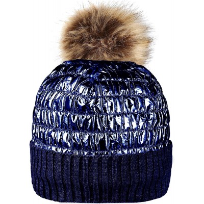 Skullies & Beanies Winter Knit Hats for Women Thick Pom Pom Metallic Shiny Beanies Ski Cap - Navy Blue - CO18ACHD966 $21.67