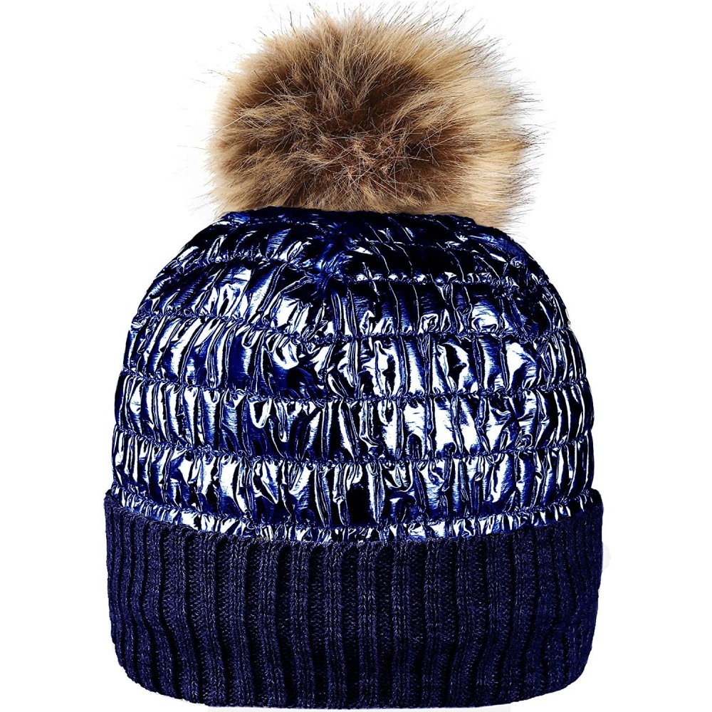 Skullies & Beanies Winter Knit Hats for Women Thick Pom Pom Metallic Shiny Beanies Ski Cap - Navy Blue - CO18ACHD966 $10.84