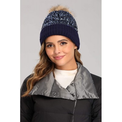 Skullies & Beanies Winter Knit Hats for Women Thick Pom Pom Metallic Shiny Beanies Ski Cap - Navy Blue - CO18ACHD966 $10.84