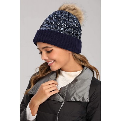Skullies & Beanies Winter Knit Hats for Women Thick Pom Pom Metallic Shiny Beanies Ski Cap - Navy Blue - CO18ACHD966 $10.84